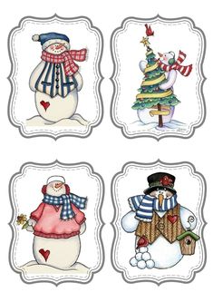 four snowmen with different hats and scarves