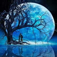 two people standing under a tree in front of a full moon with water reflection on the ground