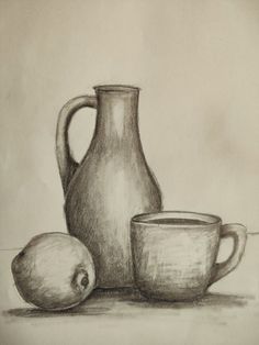 a drawing of a pitcher and two cups with an apple next to it on a table