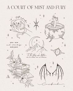 Book Inspired Tattoos, Flash Series, Word Tattoo Ideas, Bookish Tattoos, Court Of Mist And Fury, Word Tattoo, Tattoo Zeichnungen, Book Tattoo, A Court Of Mist And Fury