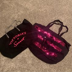 Two Victoria’s Secret Tote Bags. Never Used. Pink Sequin Bag Has Waterproof Lining And Zipper Closure. Black Vs Branded Bag Has Waterproof Lining (No Zipper). Victoria Secret Tote Bags, Sequin Bag, Pink Sequin, Womens Tote Bags, Victoria's Secret Pink, Pink Black, Secret Pink, Victoria’s Secret, Tote Bags