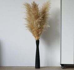 a tall vase with some kind of plant in it on a table next to a white wall