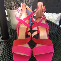 Gorgeous, Never Worn Genuine Suede Fuchsia And Red Strap Heels By Vince Camuto, With A Heel Zipper, No Box, Very Comfy Pink Heels With Red Sole, Size 11 Heels, Vince Camuto Shoes, Red Suede, Strap Heels, Vince Camuto, Pink Red, Shoes Women Heels, Shoes Heels