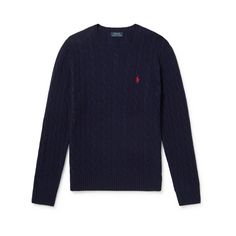 It's hard to resist a classic navy sweater and this one from Polo Ralph Lauren is one of the finest. It's cable-knitted from wool and cashmere-blend and embroidered with contrasting stitching at the chest. Channel the label's preppy design codes and team with chinos. Long Sleeve Merino Wool Cable Knit Polo Sweater, Navy Classic Long Sleeve Sweater, Classic Navy Long Sleeve Sweater, Wool Cable Knit Long Sleeve Polo Sweater, Long Sleeve Wool Cable Knit Polo Sweater, Classic Cable Knit Polo Sweater, Classic Long Sleeve Cable Knit Polo Sweater, Navy Cable Knit Sweater For Winter, Navy Cable Knit Sweater For Fall