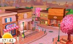 an animated city street scene with people walking around and trees in blooming pink flowers