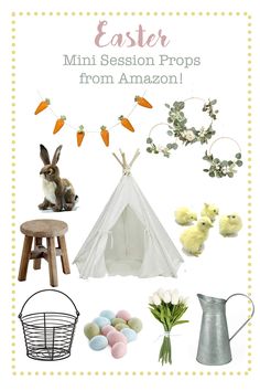 an easter card with eggs, carrots and a teepee