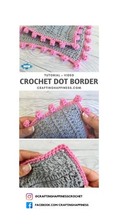 the crochet pot holder is made with two different colors and has pink trim