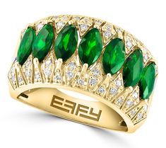 Make a statement! Crafted from 14K gold, this uncommonly gorgeous cocktail ring features a row of marquise-cut emeralds surrounded by sparkling diamonds. From Effy. Diamond Emerald Ring, Ring Size Guide, Gem Stone, Marquise Cut, Emerald Ring, Sparkle Diamonds, Cocktail Ring, Round Cut Diamond, Cocktail Rings