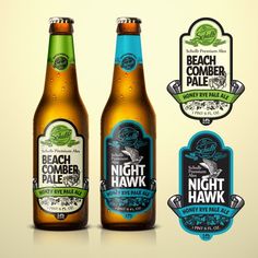 two beer bottles with labels for night hawk and beachcomber pale ales on them