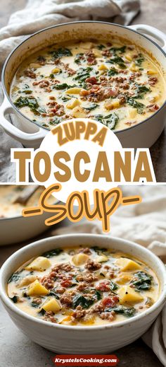 two pictures showing different types of soup in white dishes with the words tupper toscana soup