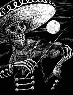 a skeleton with a sombrero on his head holding a violin in front of a full moon