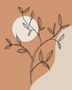 a drawing of a branch with leaves on an orange background