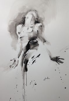 black and white drawing of a woman's face with her hands in the air