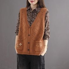 Autumn Retro Hollow Loose Cotton Knitted Vest Knit Waistcoat, Fairycore Clothes, Cottagecore Clothes, Embroidery Materials, Womens Sleeveless Tops, Outerwear Vest, Mori Girl, Knit Vest, Fall Sweaters