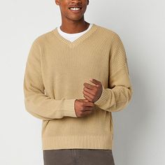 Essential for your cold-weather styling, this men's pullover from Arizona Jeans Co. is the perfect sweater to keep you warm while looking cool. Made from a cotton knit-blend in an oversized silhouette, it has a v-neckline, drop shoulders, long sleeves, and ribbed trim. Wear it layered over a t-shirt with cargo pants for a casual look.Closure Type: Pullover HeadFit: Regular FitNeckline: V NeckSleeve Length: Long SleeveApparel Length: 26 Inches - FrontFiber Content: 60% Cotton, 40% AcrylicFabric D Perfect Sweater, Men's Pullover, Large Sweaters, Long Sleeve Pullover Sweater, Arizona Jeans, Oversized Silhouette, Pullover Men, Cotton Knit, Long Sleeve Pullover