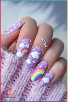 Purple Nail With Butterfly, Rainbow Sky Nails, Rainbow And Cloud Nails, Pride Themed Nails, Purple Cute Nails, Rainbow Cloud Nails, Pride Nails Designs, Pride Nail Art, Nail Art Rainbow