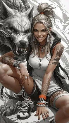 a woman sitting on top of a bench next to a wolf tattoo design in front of her