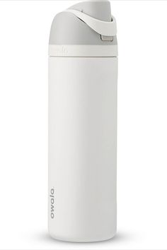 thermos travel mug is white and has a strap around it's neck