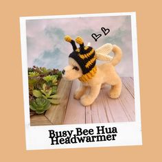 a stuffed dog wearing a bee hat on top of a wooden table next to succulents