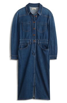 Designed with a touch of comfy stretch, this denim shirtdress features western-inspired details like a shoulder yoke and five-pocket skirt. It pairs well with everything from casual to more styled-up footwear. 43" length (size 8) Front button closure Spread collar Five-pocket style; chest patch pockets Long sleeves 85% cotton, 14% lyocell, 1% elastane Machine wash, tumble dry Imported Pocket Skirt, Denim Shirt Dress, Madewell Denim, 80 Dress, Shirtdress, Skirts With Pockets, Madewell, Dress Skirt, Midi Dress