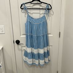 Adorable Blue Gingham Dress With Tie Shoulders. Size Medium. Blue Plaid Dress For Spring Day Out, Blue Plaid Dress For Summer Brunch, Casual Blue Plaid Dress For Daywear, Blue Plaid Summer Midi Dress, Blue Plaid Midi Dress For Summer, Blue Sleeveless Plaid Dress For Picnic, Sleeveless Blue Plaid Dress For Picnic, Blue Gingham Dress, Rabbit Dress