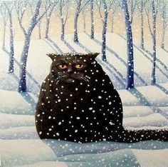 a painting of a black cat sitting in the middle of a snowy forest with trees