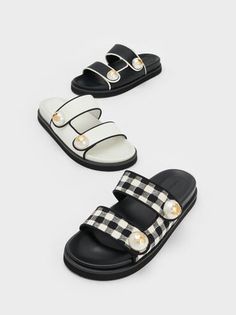 Black Pearl Embellished Contrast-Trim Slides | CHARLES & KEITH Luxury Double Strap Slides With Leather Footbed, Luxury Synthetic Sandals For Streetwear, Luxury Sandals With Removable Insole For Streetwear, Weekend Outfits, Black Slides, Faux Leather Heels, Size Chart For Kids, Charles Keith, Weekend Outfit