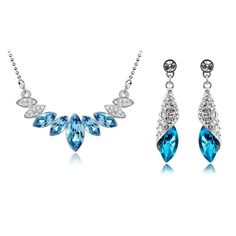 Austrian Marquise Crystal Necklace & Earrings Fashion Wedding Jewelry Set-Jewelry Sets-Innovato Design-Ocean Blue-Innovato Design Colorful Crystals, Rhinestone Jewelry Set, Crystal Jewelry Sets, Drop Pendant Necklace, Rhinestone Jewelry, Silver Rhinestone, Wedding Jewelry Sets, Water Drop, Drop Pendant