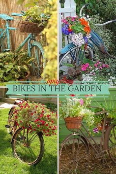 four pictures of bicycles with flowers in them and the words bikes in the garden written below