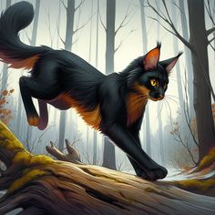 a painting of a black and orange cat running through the woods with trees in the background