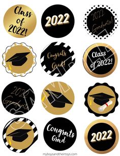 graduation stickers with the words class of 2021 in gold, black and white on them