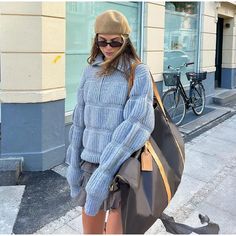 Lizakosht Women Blue Oversized Zipper Pullover Sweater LooseTurn-down Collar Long Sleeve Pullover Female Fashion Warm Street Jumpers