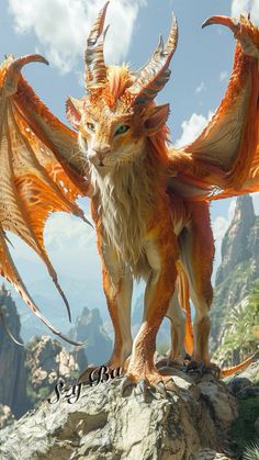 an orange dragon statue standing on top of a rocky hill with mountains in the background