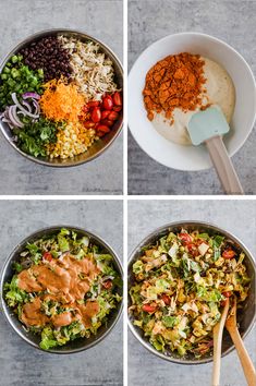 four pictures showing the steps to make a salad with dressing and seasoning in it