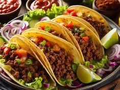 three tacos on a plate with onions, lettuce, and tomato wedges