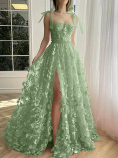 A Line Spaghetti Straps Long Prom Dresses Victorian Prom Dress Green, Fairytale Bridesmaid Dress, Fairytale Wedding Guest Dress, Cool Clothes Aesthetic, Cottage Dresses, Bday Dresses, Stunning Prom Dresses, Prom Dress Inspiration, Princess Dresses