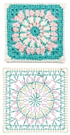 two crocheted squares with different designs on them