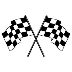 two crossed checkered flags waving in the wind on a white background, black and white illustration