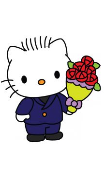 a hello kitty holding a bouquet of roses and an ice cream cone in its hand