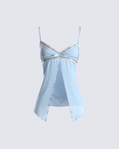 A cutesy top to wear wherever and whenever 😊 This flowy baby blue chiffon cami top will have you breezing through the day looking your cutest. Made from chiffon fabric, complete with lace and satin trim, adjustable straps, mini bow trim, an open front style, and bust lining 🤍 Chiffon Cami Tops, How To Have Style, Blue Cami, Welcome To The Future, Mini Bow, Pleated Tennis Skirt, 2000s Fashion Outfits, Cropped Long Sleeve, No Waste