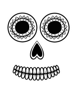 a black and white drawing of a skull with big eyes on it's face