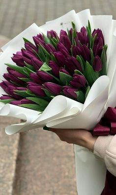 a woman holding a bouquet of purple tulips