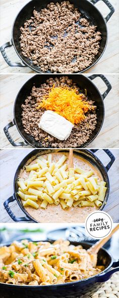 the steps to make pasta with ground beef and cheese in skillets, including one being cooked