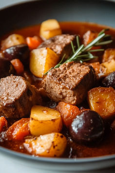 a bowl filled with meat, potatoes and carrots