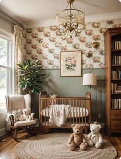 there is a baby crib and two teddy bears in the room