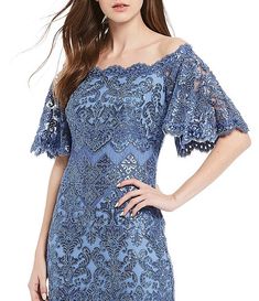 Tadashi Shoji Off-the-Shoulder Sequin Lace Scalloped Hem Gown | Dillard's Off-shoulder Lace Dress For Formal Occasions, Elegant Off Shoulder Dress With Short Sleeves For Evening, Elegant Off-shoulder Evening Dress With Short Sleeves, Short Sleeve Lace Evening Dress For Gala, Elegant Off-shoulder Lace Dress With Ruffles, Evening Off Shoulder Dress With Short Sleeves, Elegant Lace Off-shoulder Dress, Elegant Off-shoulder Scalloped Lace Dress, Evening Off-shoulder Dresses With Lace Sleeves