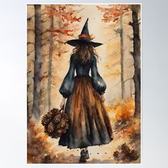 a watercolor painting of a woman in a witch costume walking through the woods poster