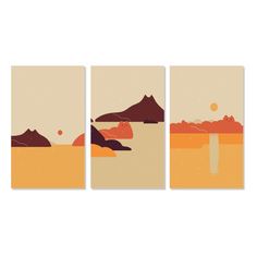 three paintings on a wall with mountains and water in the background, one is orange