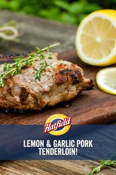 lemon and garlic pork on a wooden cutting board