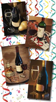 three pictures of wine and confetti on a table